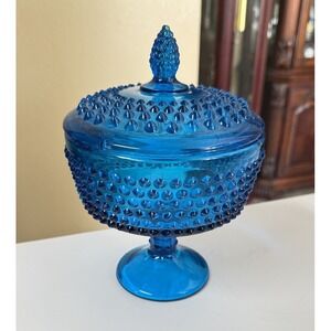 Vintage LE Smith Colonial Blue Hobnail Candy Bowl‎ with Lid